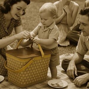Vintage 1950s Redmon Picnic Basket Set with Melamine Dishes and shelf